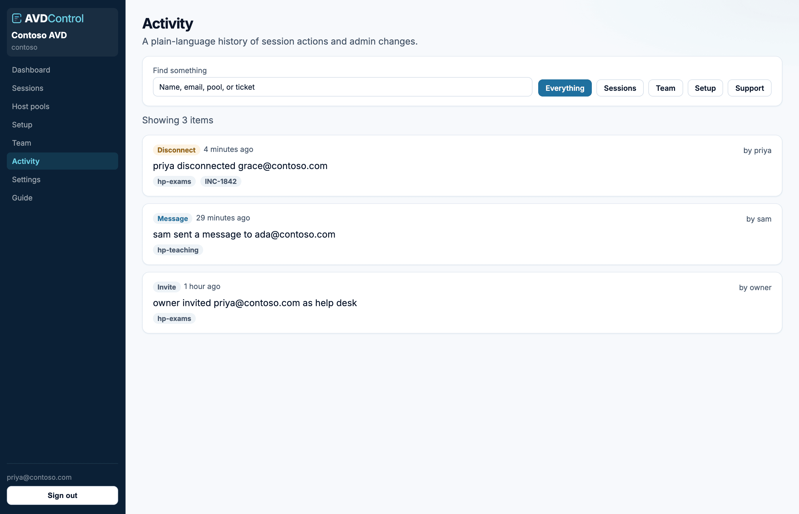 The Activity trail. Filter it, export it, show it to audit.