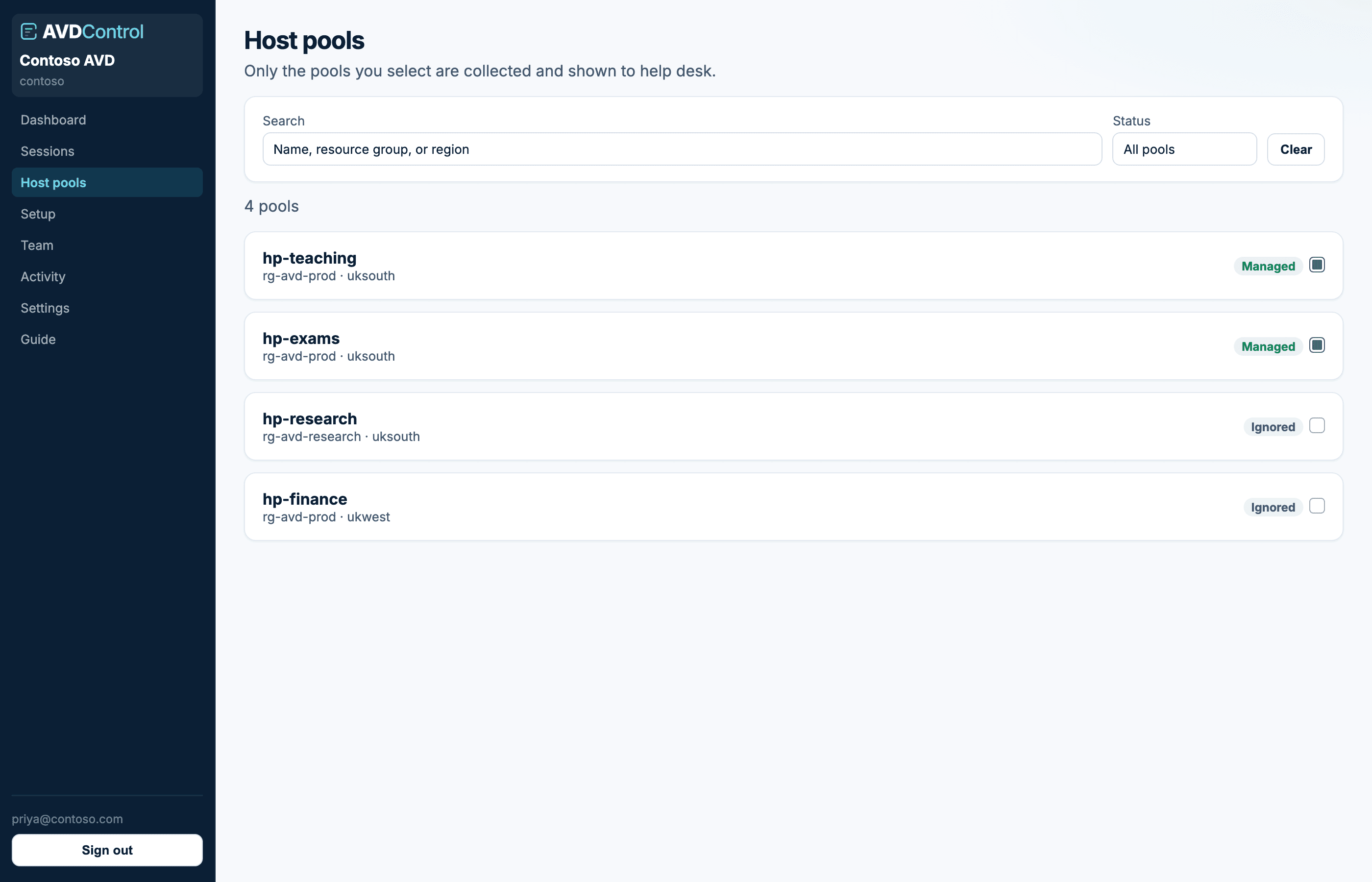 Host pools discovered from your Entra app, ready to scope.