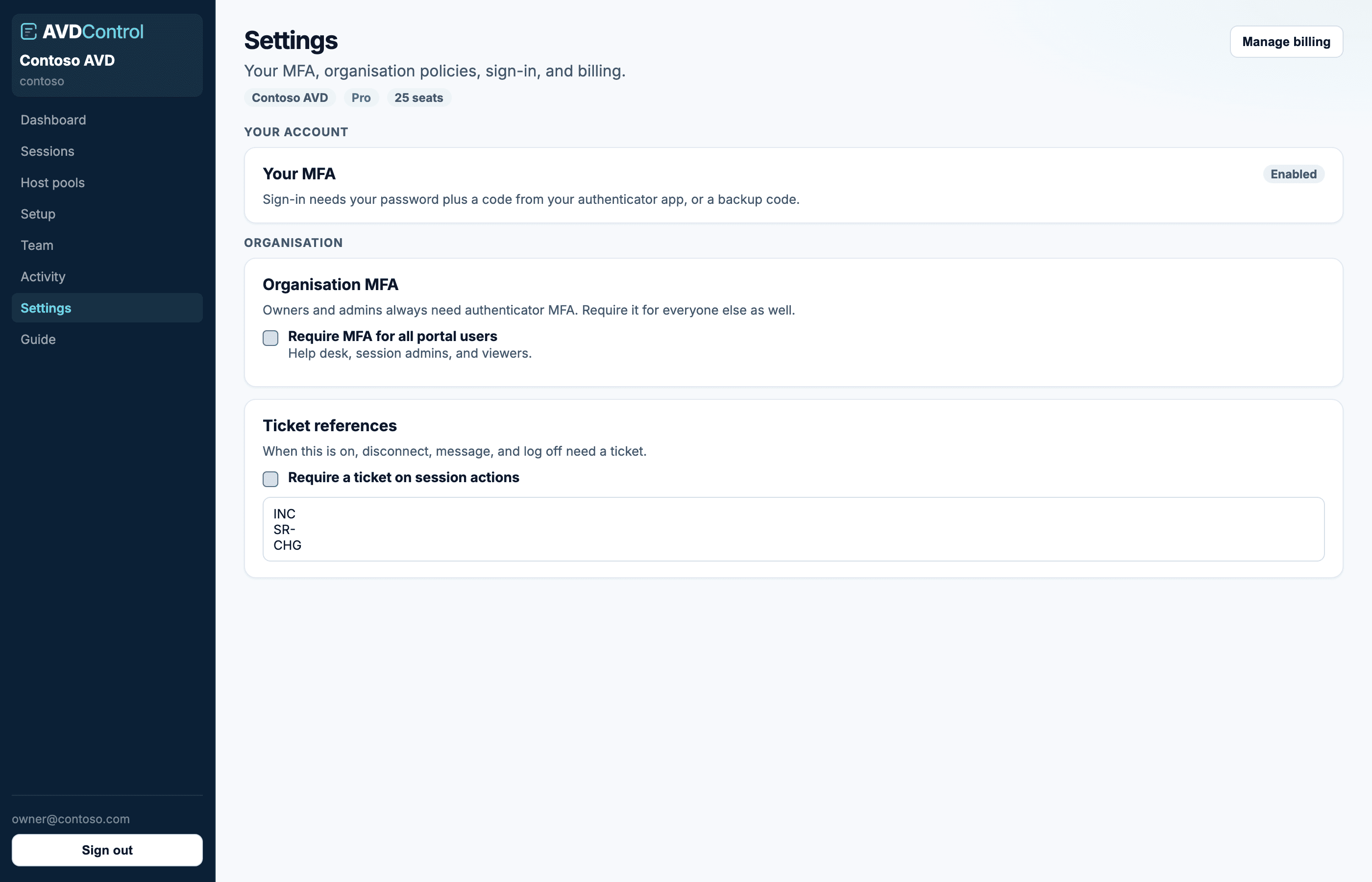 Settings page with MFA enabled, organisation MFA policy, and ticket reference policy