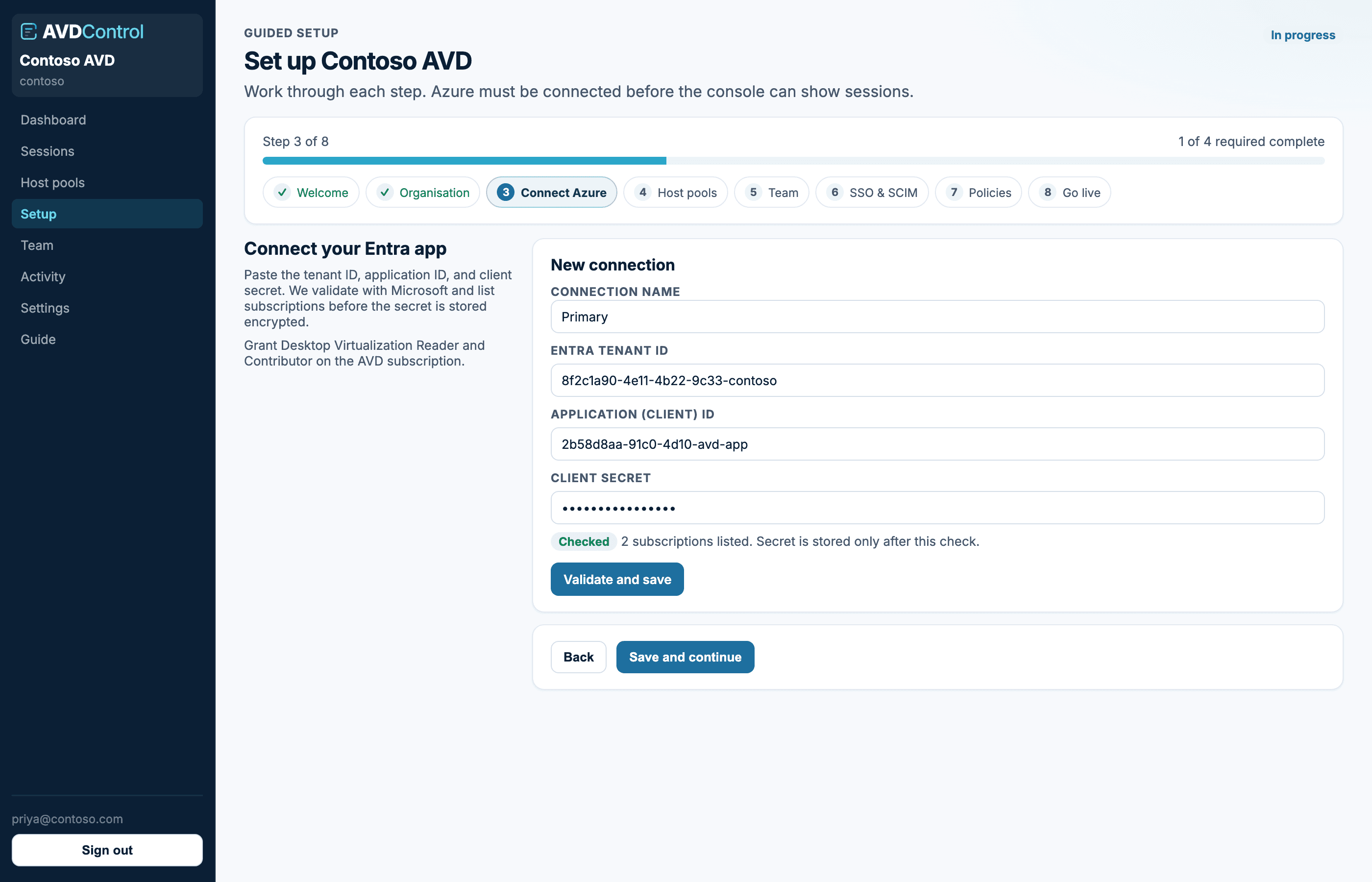 Setup wizard on the Connect Azure step with tenant ID, application ID, and client secret fields after a successful check