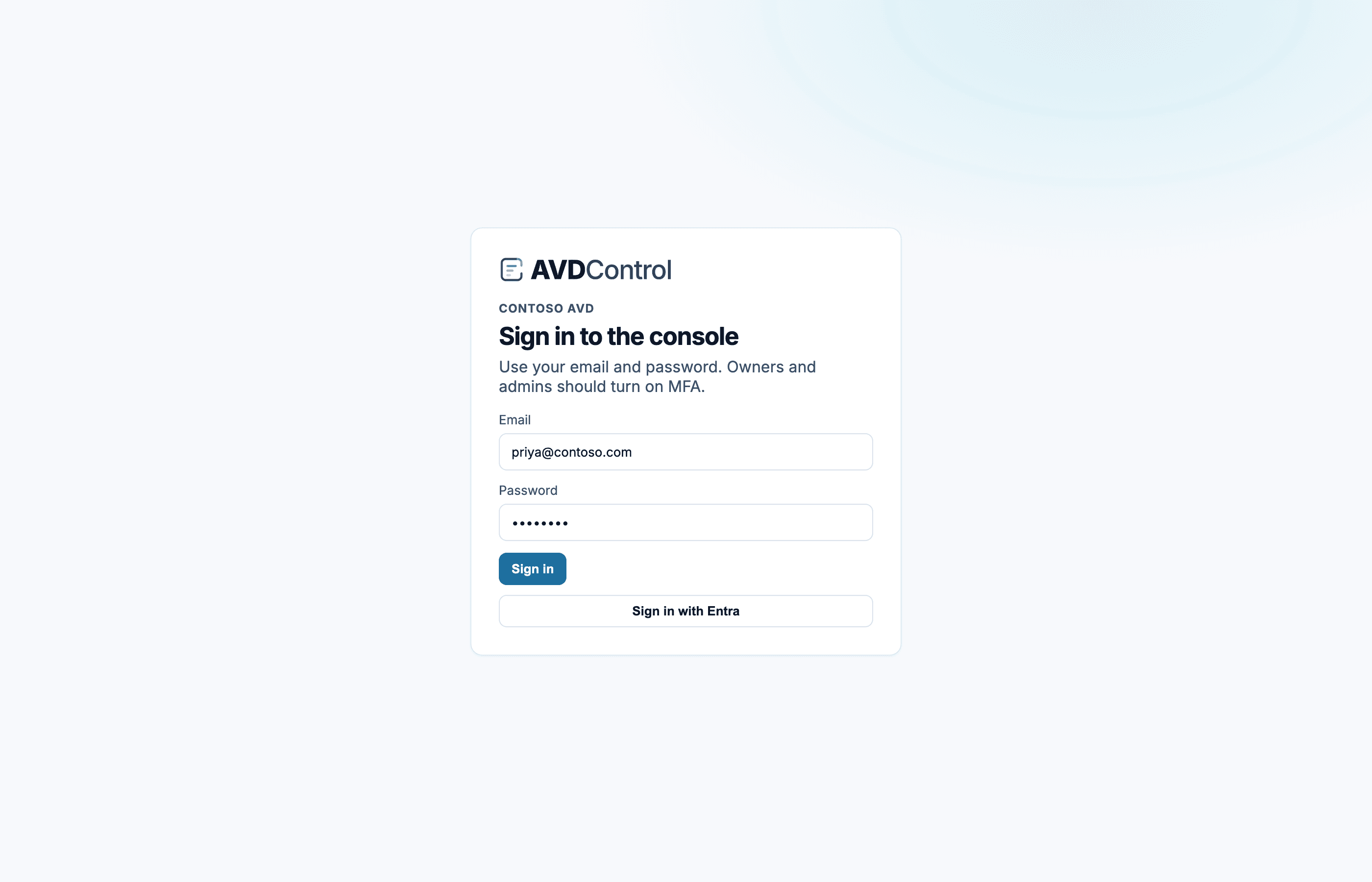 AvdControl sign-in card for Contoso AVD with email and password fields and an Entra sign-in button